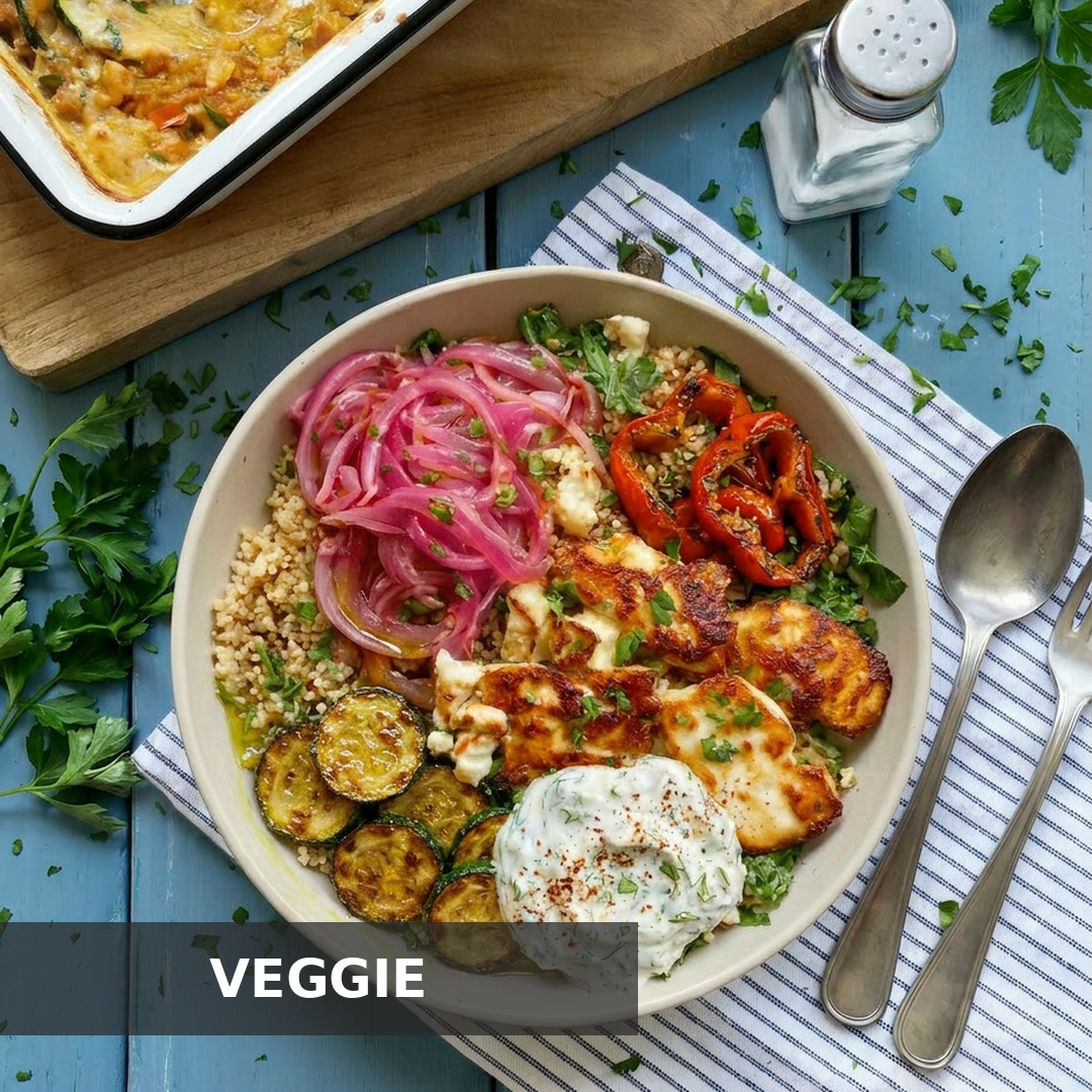 VEGGIE CRISPY HONEY-HALLOUMI AUF BUNTEM GEMÜSECOUSCOUS