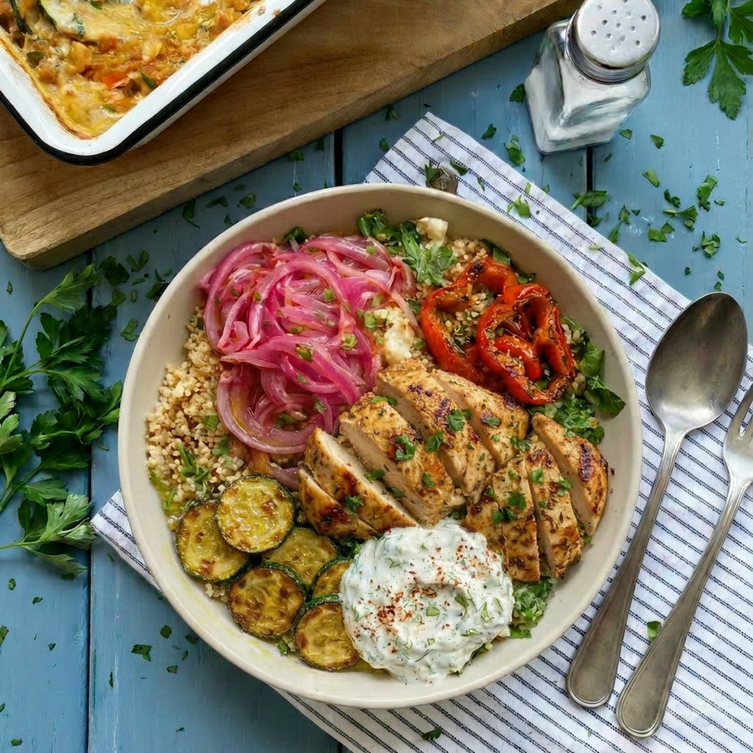 CRISPY HONEY-HÄHNCHEN AUF BUNTEM GEMÜSECOUSCOUS