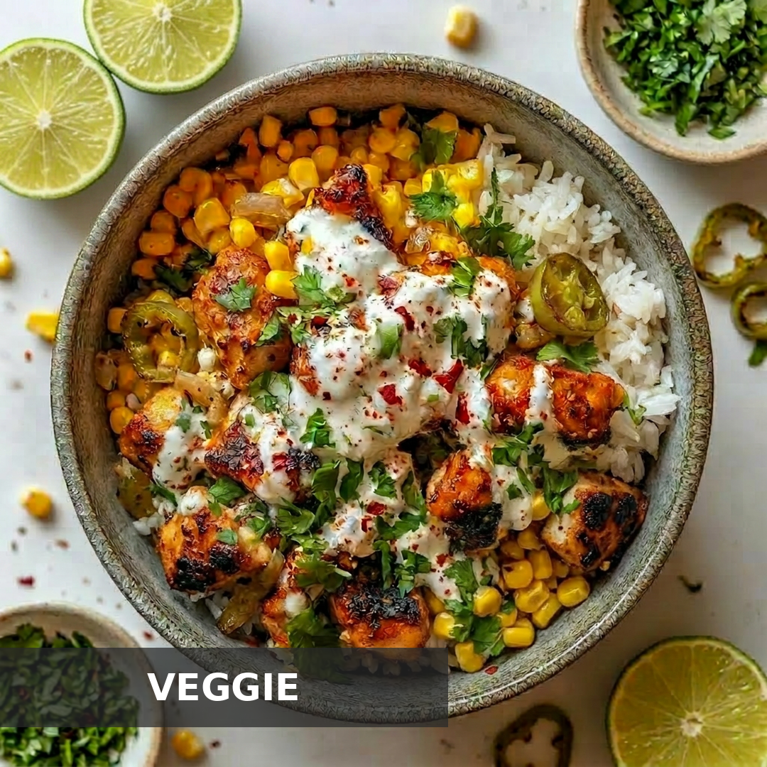 VEGGIE ROASTED-CORN-BOWL MIT HALLOUMIBITES, LIMETTENREIS & SOUR-CREAM