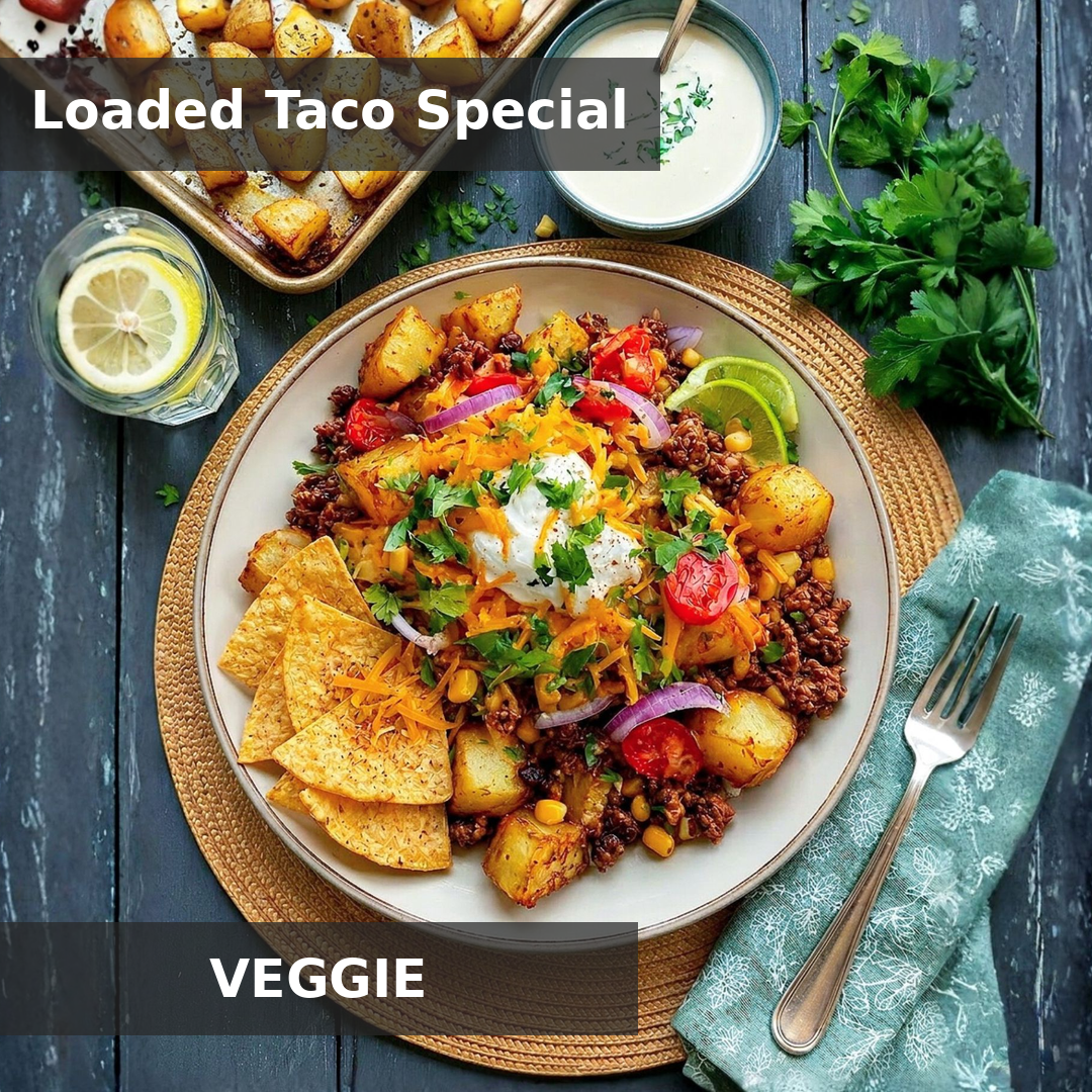 VEGGIE LOADED TACO-SOJA-BOWL MIT KNUSPRIGEN TEX-MEX OFENKARTOFFELN, TORTILLA-CHIPS, LIMETTENCREME & GESCHMOLZENEM CHEDDAR