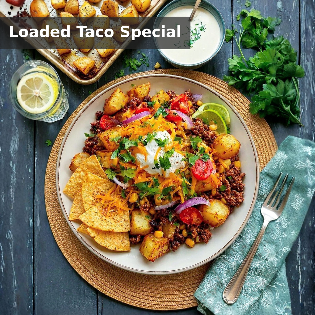 LOADED TACO-HACKFLEISCH-BOWL MIT KNUSPRIGEN TEX-MEX OFENKARTOFFELN, TORTILLA-CHIPS, LIMETTENCREME & GESCHMOLZENEM CHEDDAR