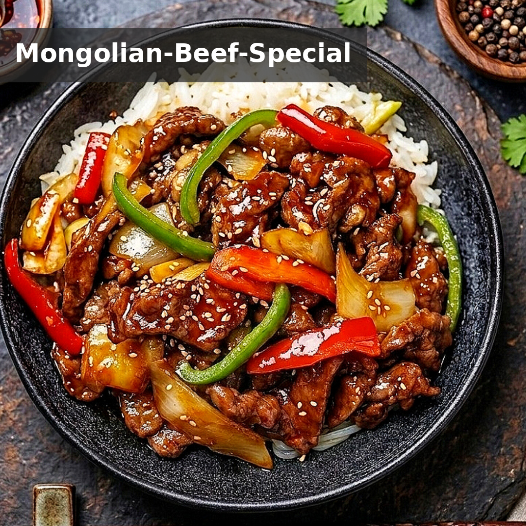 "MONGOLIAN GLAZED BEEF" RINDER-STEAKSTREIFEN MIT GEBRATENER SPITZPAPRIKA, FRÜHLINGSZWIEBEL & THAI-BASILIKUM