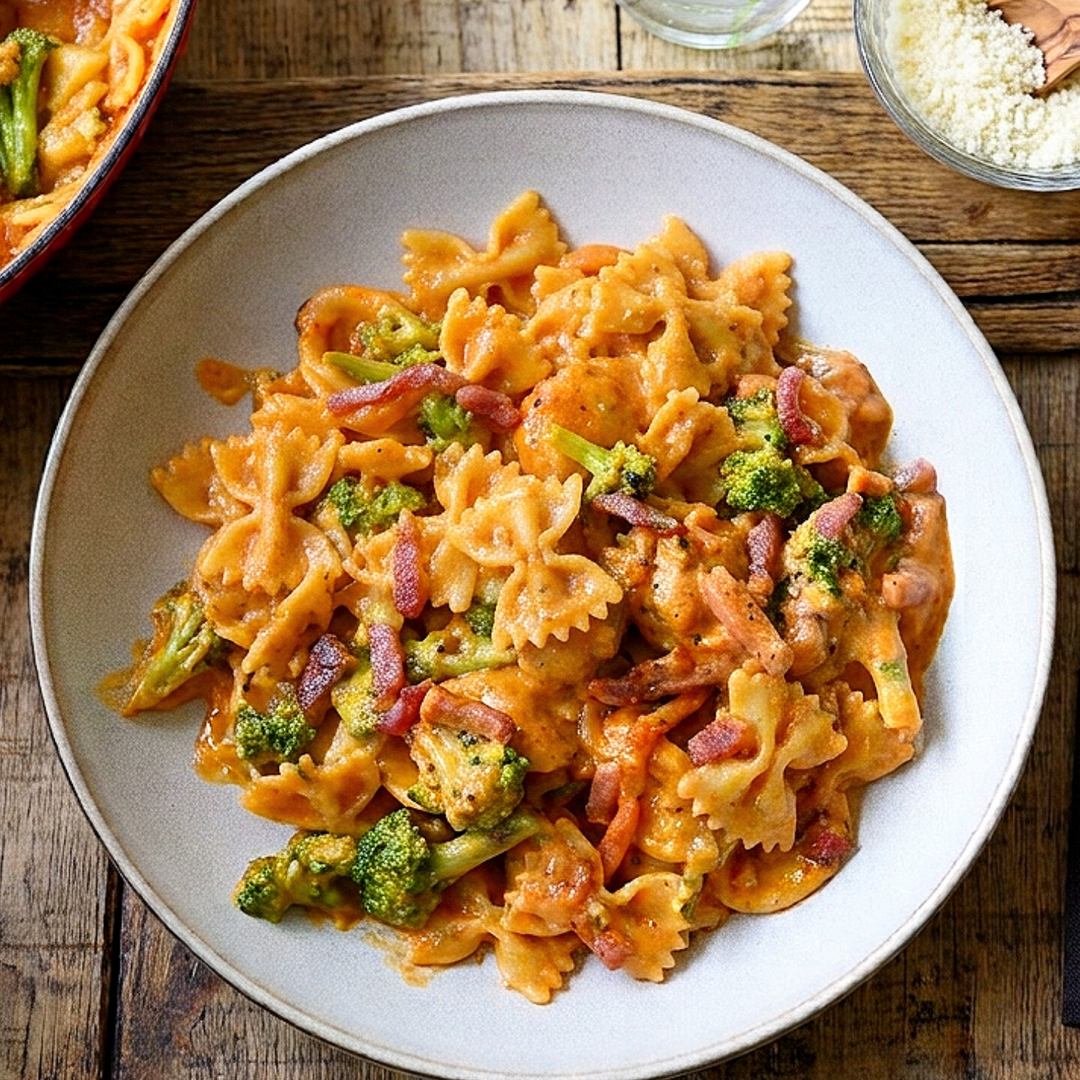 CREMIGE BROKKOLI-FARFALLINE MIT PARMESAN & KNUSPRIGEM BACON