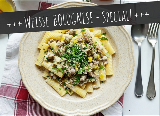 RAGÙ BIANCO – WEISSE BOLOGNESE MIT TORTIGLIONI, ZITRONENABRIEB, PARMESAN & TRÜFFELÖL