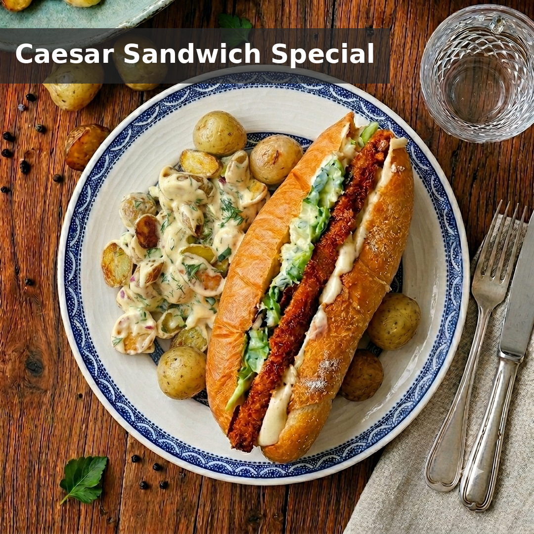 „CRISPY CHICKEN CAESAR SANDWICH“ MIT PARMESAN, ROMANA & SOMMERLICHEM KARTOFFELSALAT