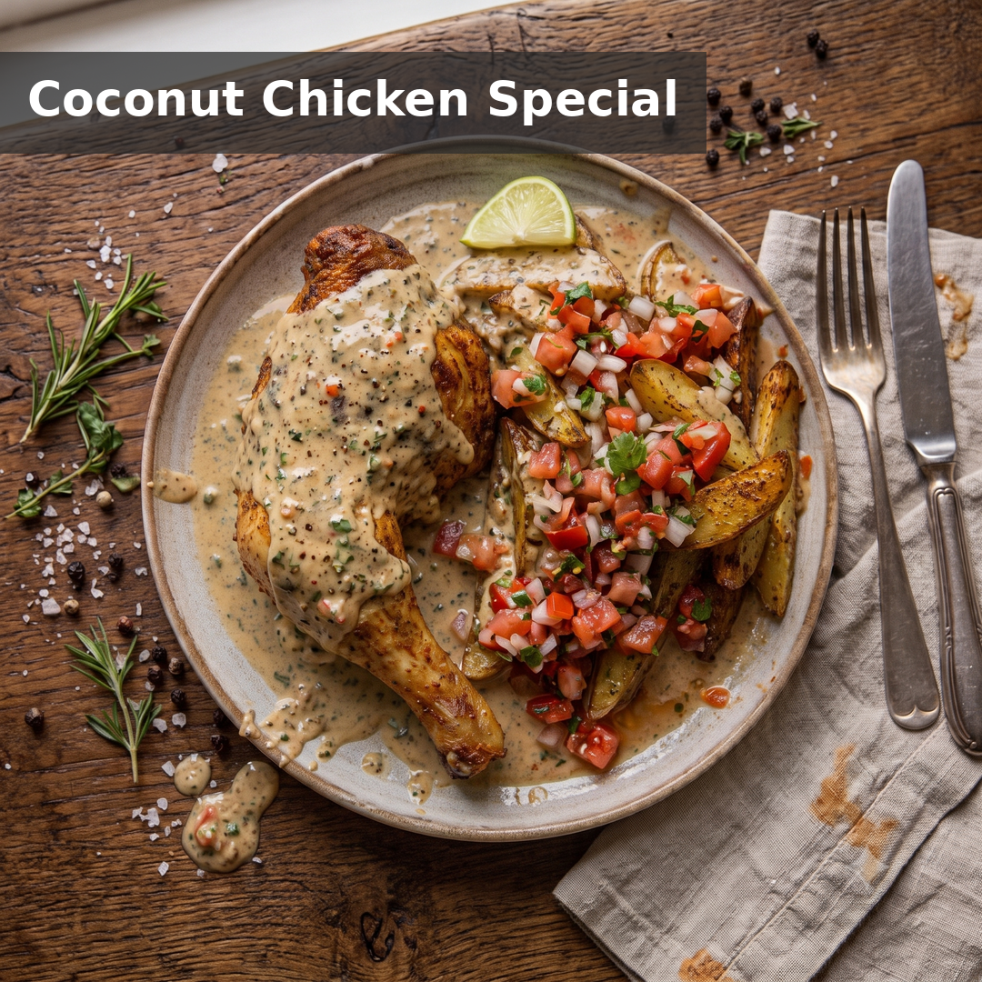 CREAMY CARIBBEAN COCONUT CHICKEN MIT CRISPY LOADED FRIES & LIMETTEN-TOMATENSALSA