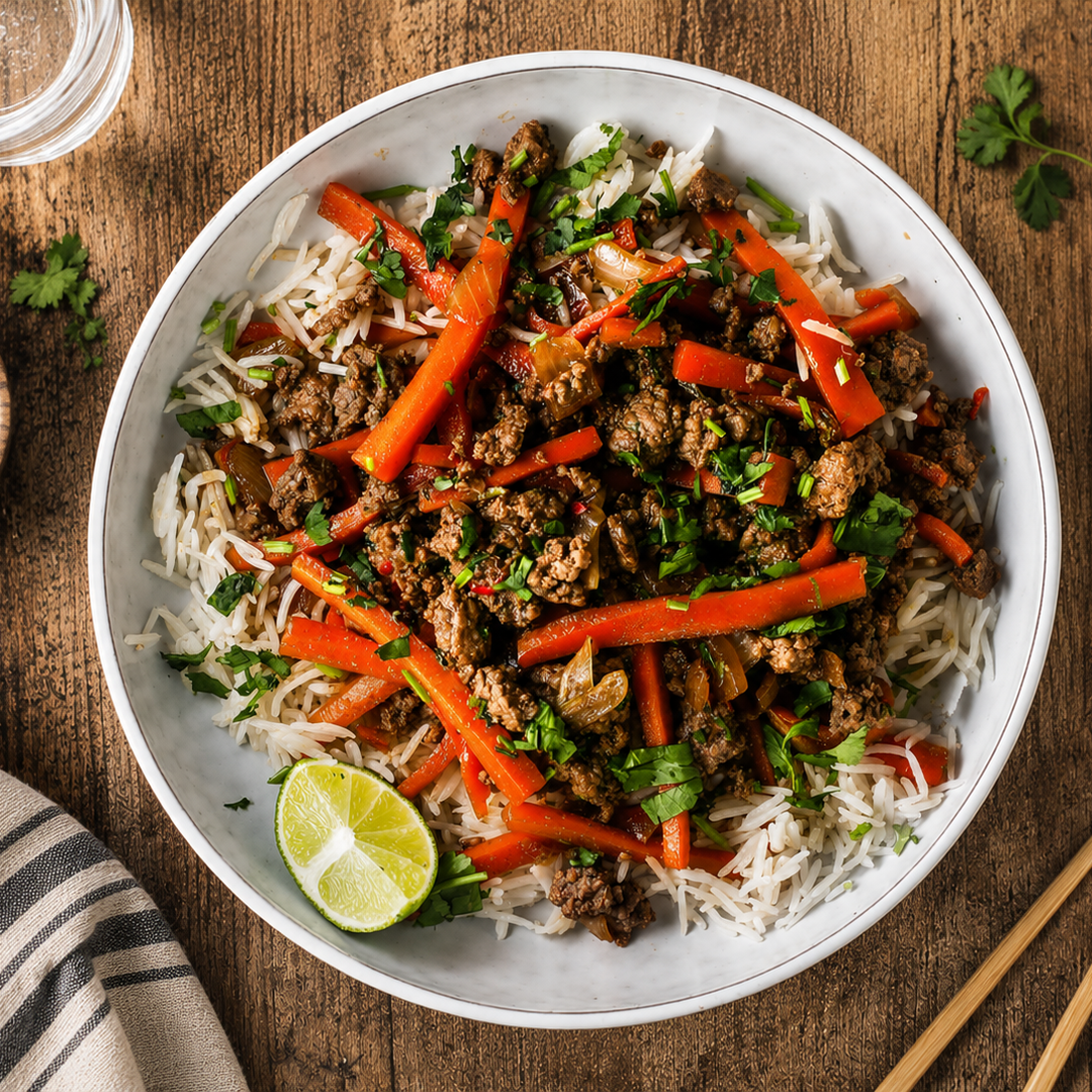ASIATISCHE MÖHREN-HACKFLEISCH-PFANNE MIT JASMINREIS, LIMETTE & THAI-BASILIKUM