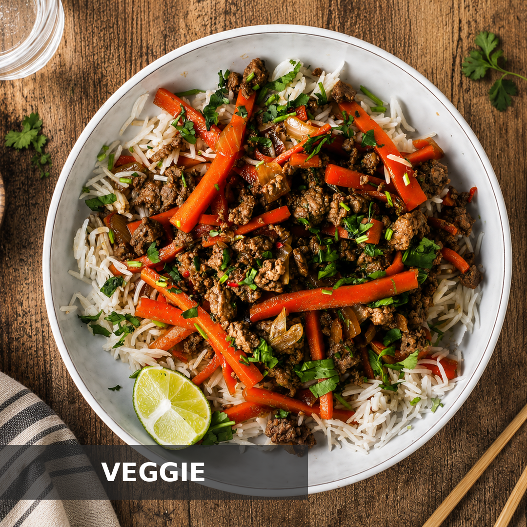 VEGGIE ASIATISCHE MÖHREN-SOJA-PFANNE MIT JASMINREIS, LIMETTE & THAI-BASILIKUM