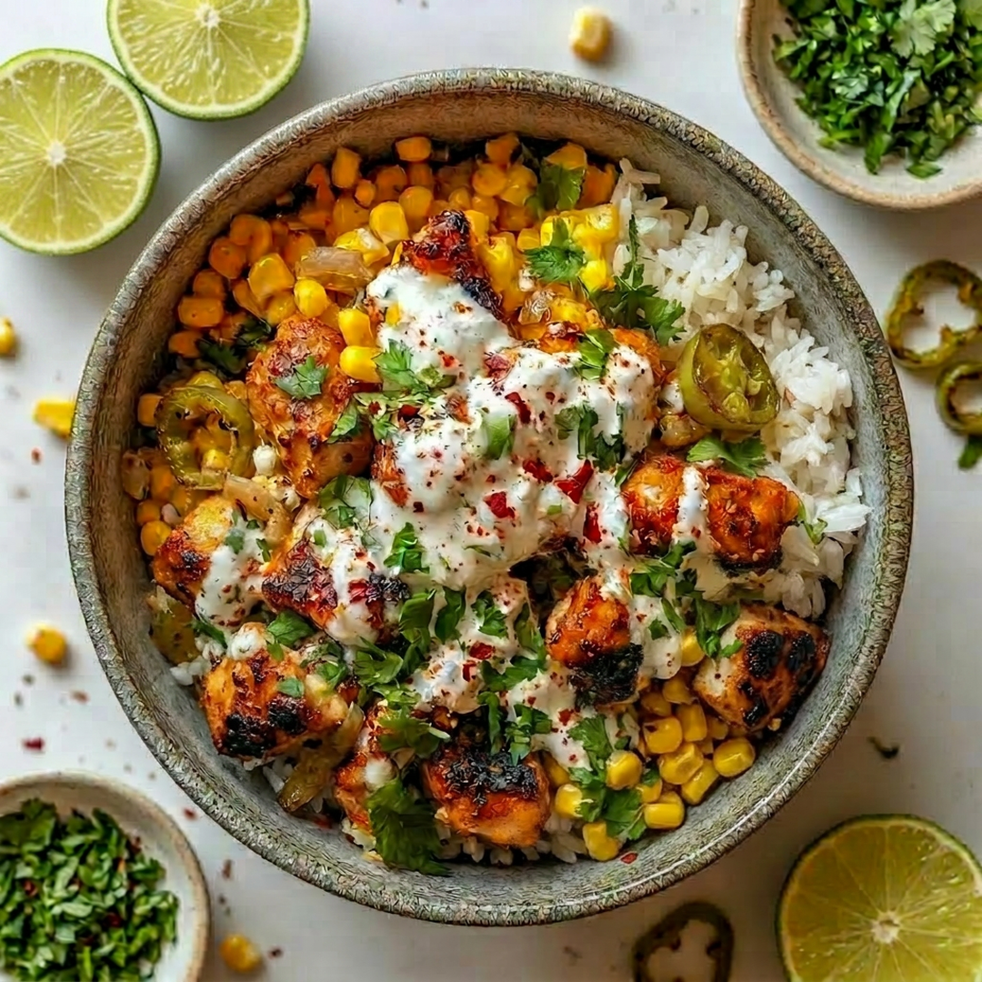 ROASTED-CORN-BOWL MIT HÄHNCHEN, LIMETTENREIS & SOUR-CREAM