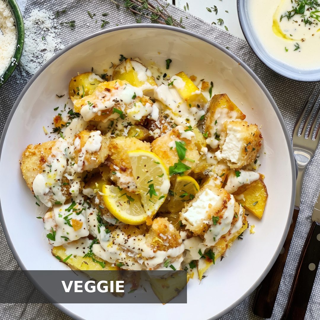 VEGGIE HONIG-KNOBLAUCH-HIRTENKÄSE-STREIFEN MIT THYMIAN-OFEN-KARTOFFELN & ZITRONEN-PARMESAN-SAUCE