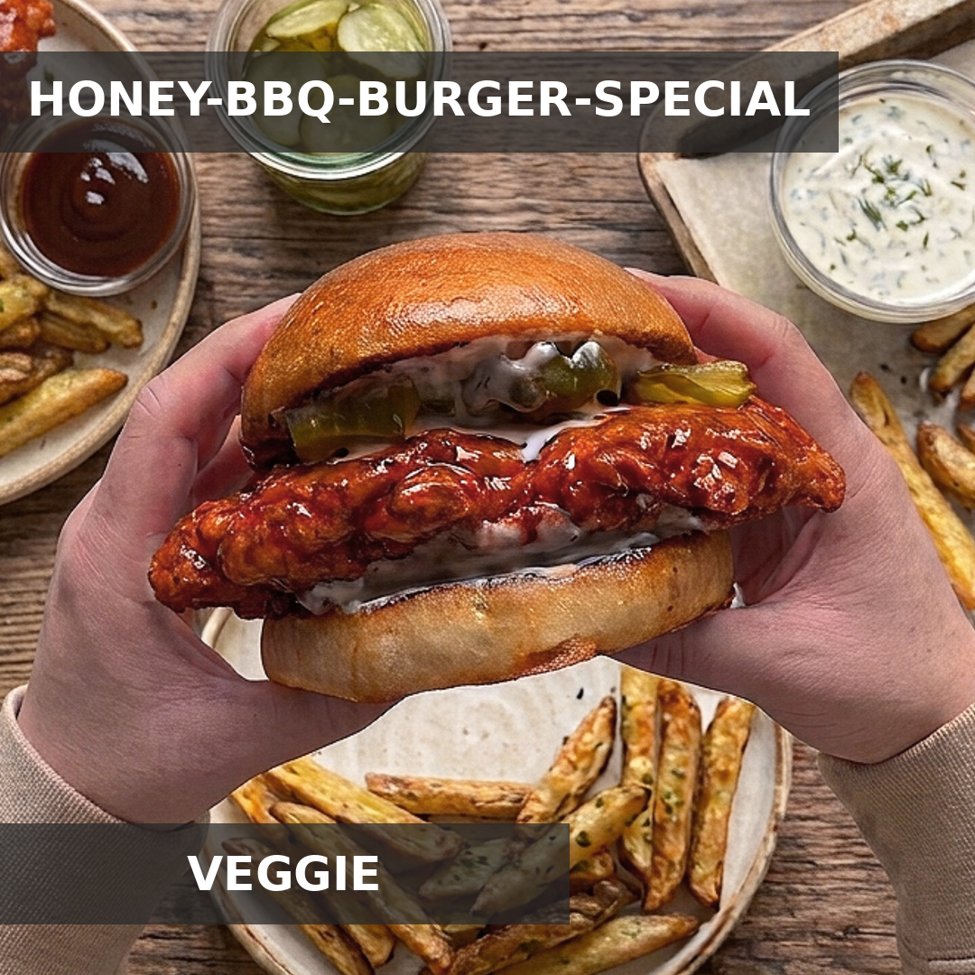 VEGGIE HONEY-BBQ CRISPY TOFU BURGER AUF BRIOCHE MIT CREMIGEM RANCH-DIP  & GOLDBRAUNEN OFENFRIES
