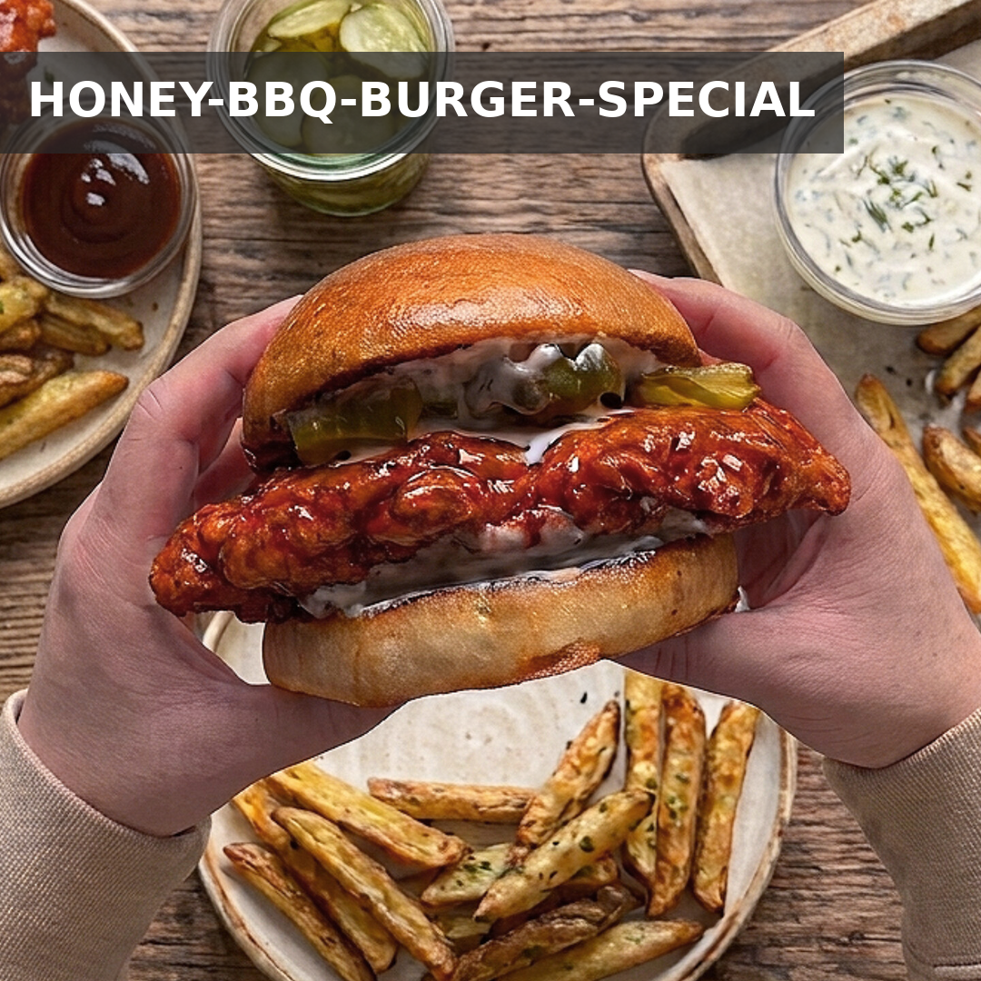 HONEY-BBQ CRISPY CHICKEN BURGER AUF BRIOCHE MIT CREMIGEM RANCH-DIP  & GOLDBRAUNEN OFENFRIES