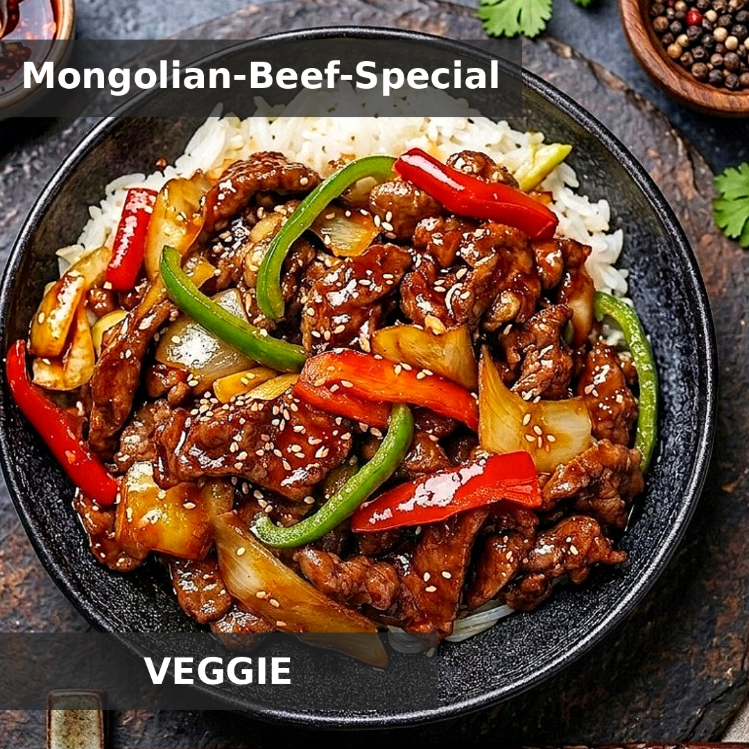 VEGGIE "MONGOLIAN GLAZED TOFU" TOFU-STREIFEN MIT GEBRATENER SPITZPAPRIKA, FRÜHLINGSZWIEBEL & THAI-BASILIKUM