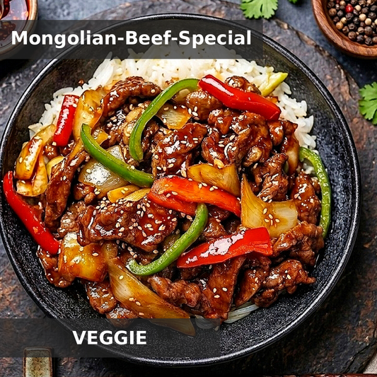 VEGGIE "MONGOLIAN GLAZED TOFU" TOFU-STREIFEN MIT GEBRATENER SPITZPAPRIKA, FRÜHLINGSZWIEBEL & THAI-BASILIKUM