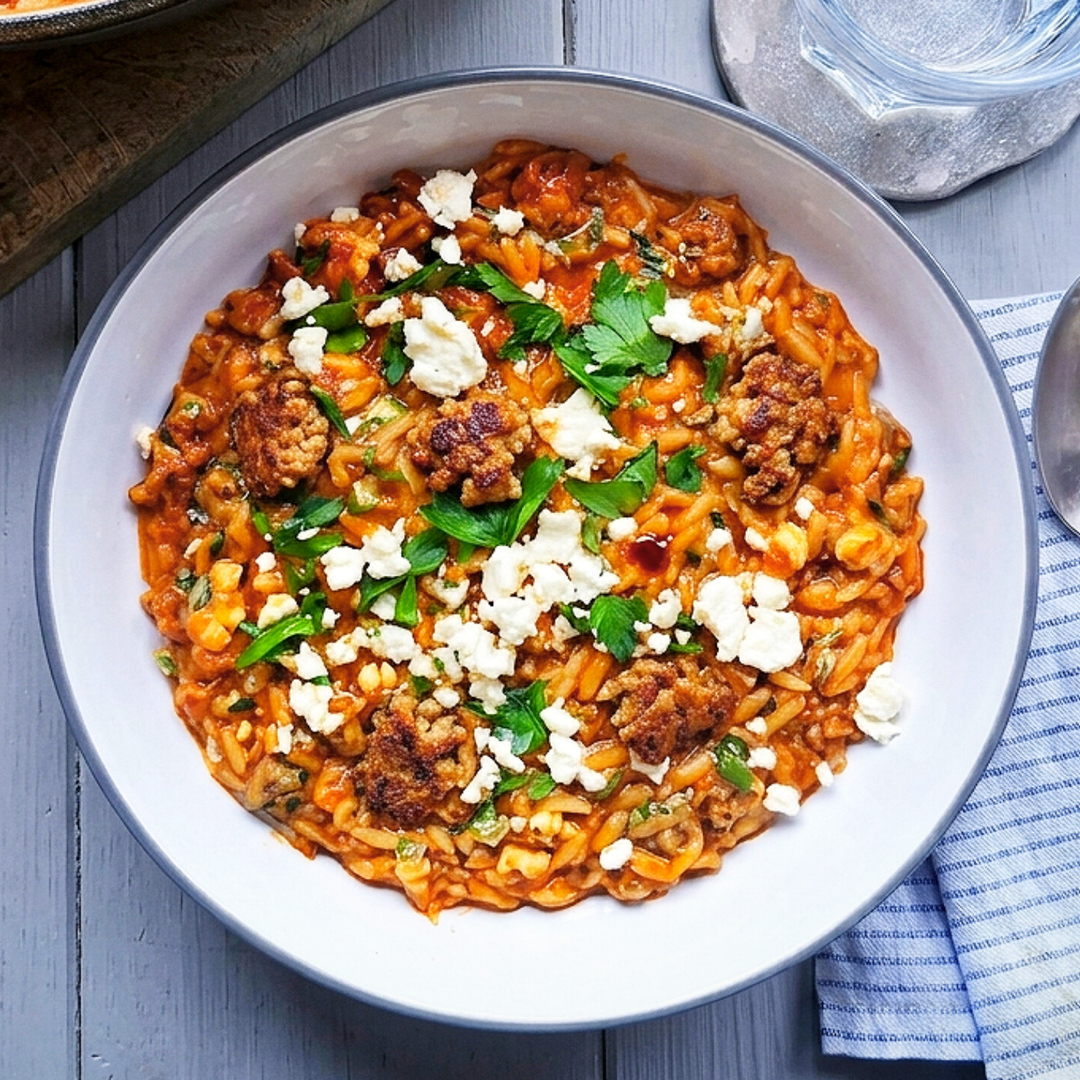 GRIECHISCHE ONE-POT-KRITHARAKI-PFANNE MIT HACK, HIRTENKÄSE, TOMATEN & ZIMT