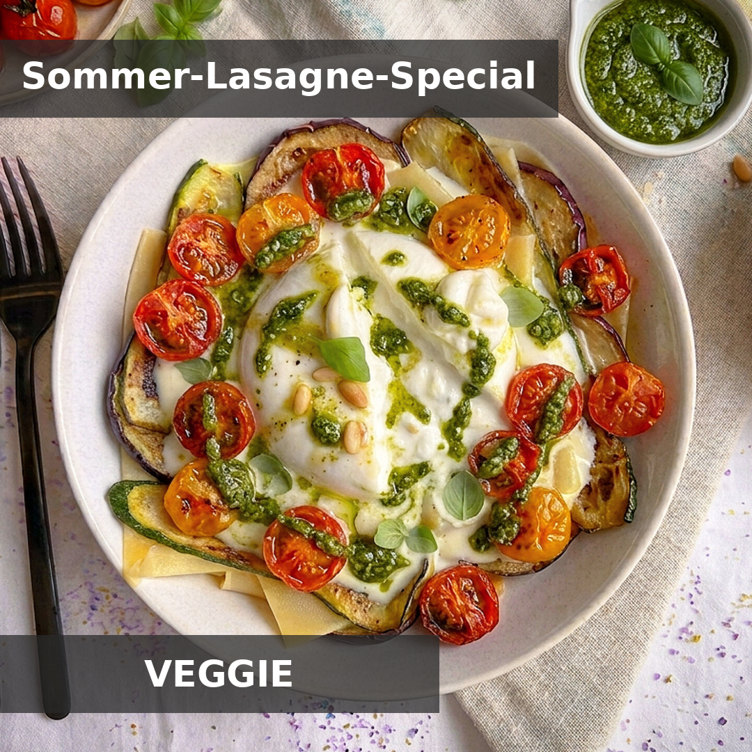 OFFENE SOMMERLASAGNE MIT BURRATA, GERÖSTETEN CHERRYTOMATEN, ZUCCHINI, AUBERGINE, PISTAZIENPESTO & GRANATAPFELSIRUP