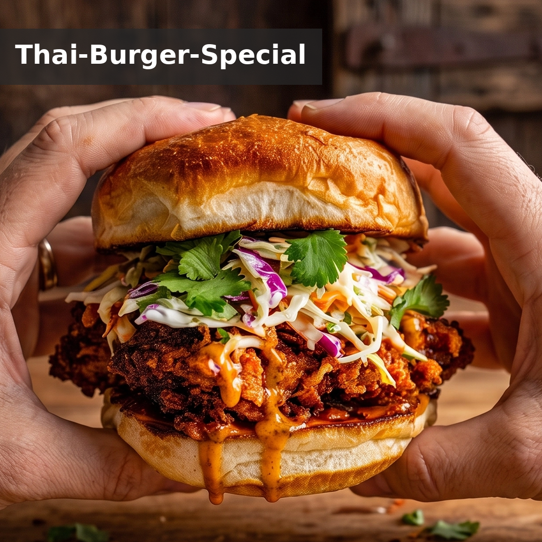 ULTRA CRISPY THAI CHICKEN SANDWICH MIT ASIA-COLESLAW, SWEET-CHILI-MAYO & FRUCHTIGEM REISSALAT