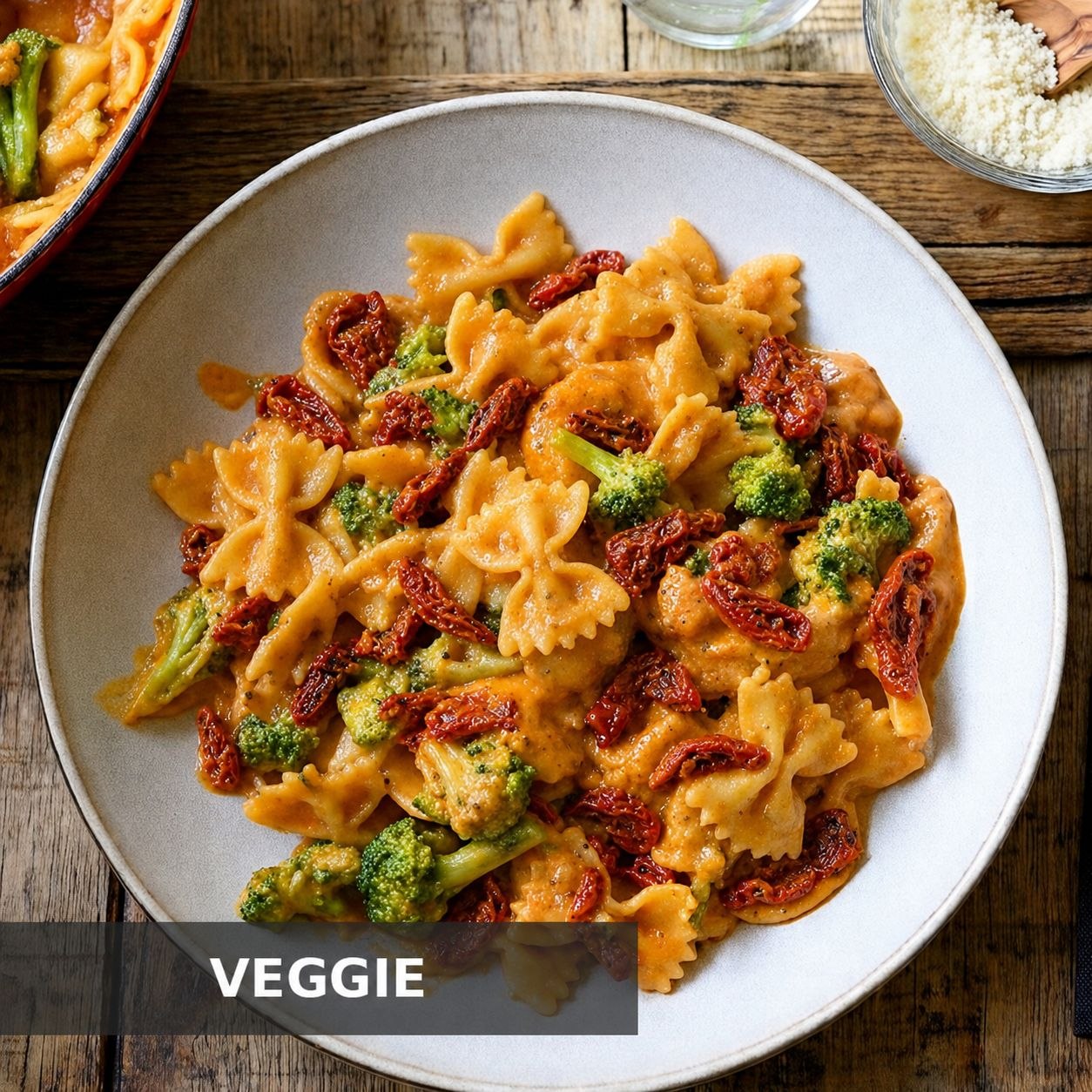 VEGGIE CREMIGE BROKKOLI-FARFALLINE MIT PARMESAN & SONNENGETROCKNETEN TOMATENSTREIFEN