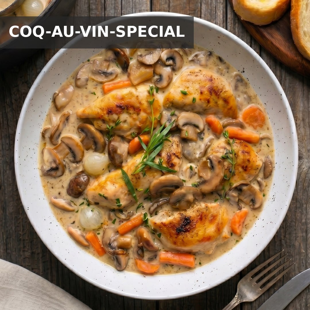 COQ AU VIN BLANC - GESCHMORTES WEISSWEIN-HÄHNCHEN IN ESTRAGON-STEINPILZ-SAUCE & GERÖSTETEM ROSMARIN-BAGUETTE